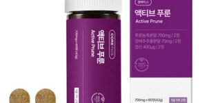 코어틱스 액티브 푸룬 1개월치 제품 포장 박스와 플라스틱 용기와 알약 2개 사진